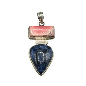 Vintage Sterling Silver 925 Pendant with Blue & Pink Stones Teardrop Shaped